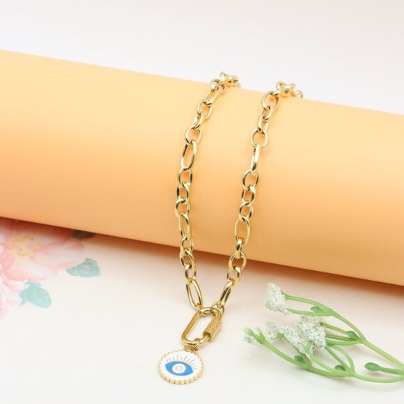 Chunky Gold Link Necklace with Eye Charm – Bold Yellow Jewelry, XPNL0368 - Picture 6 of 12